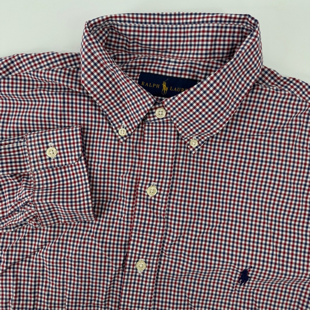Ralph Lauren Button Down Men Large Red White Blue Gingham Check Long Sleeve